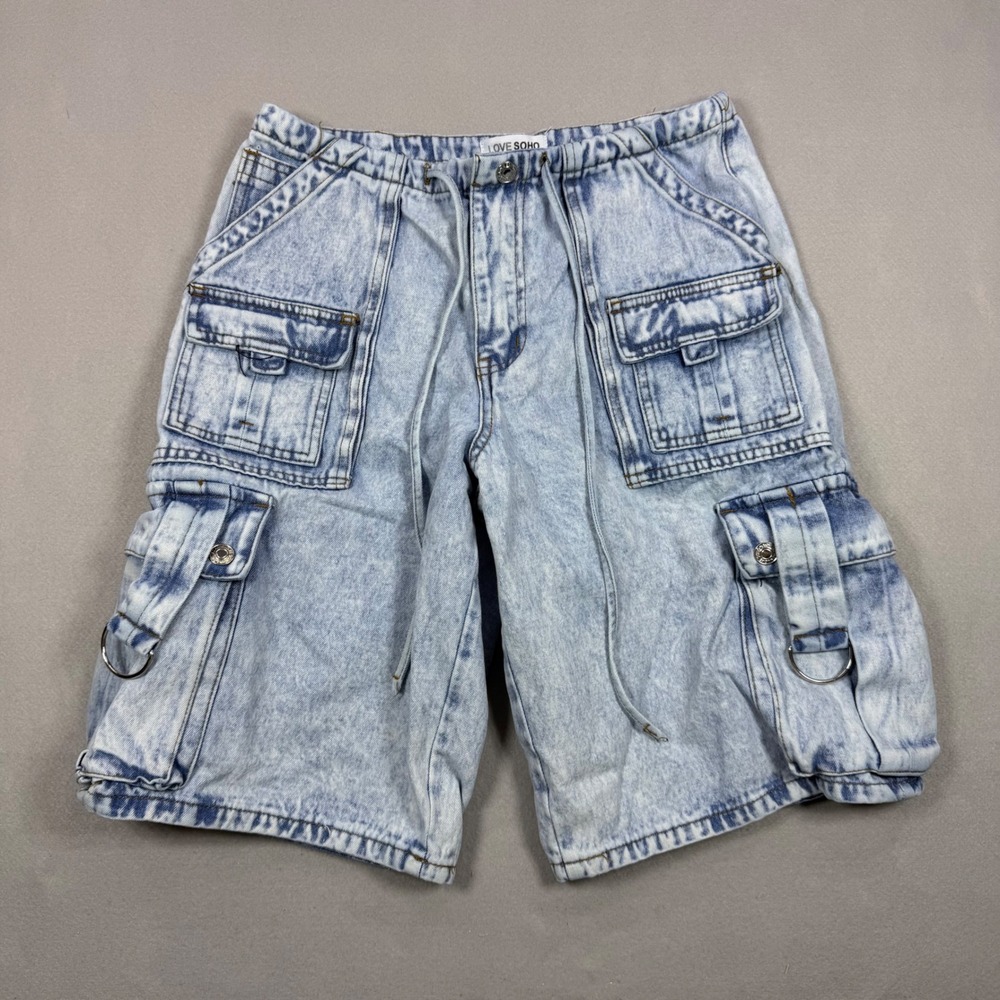 Love Soho Light Acid Wash Cargo Denim Shorts Y2K Utility D-Ring Size9 Streetwear